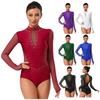 Womens Gymnastics Figure Skating Leotard Long Sleeve Sheer Mesh Sparkle Rhinestone Bodysuit
