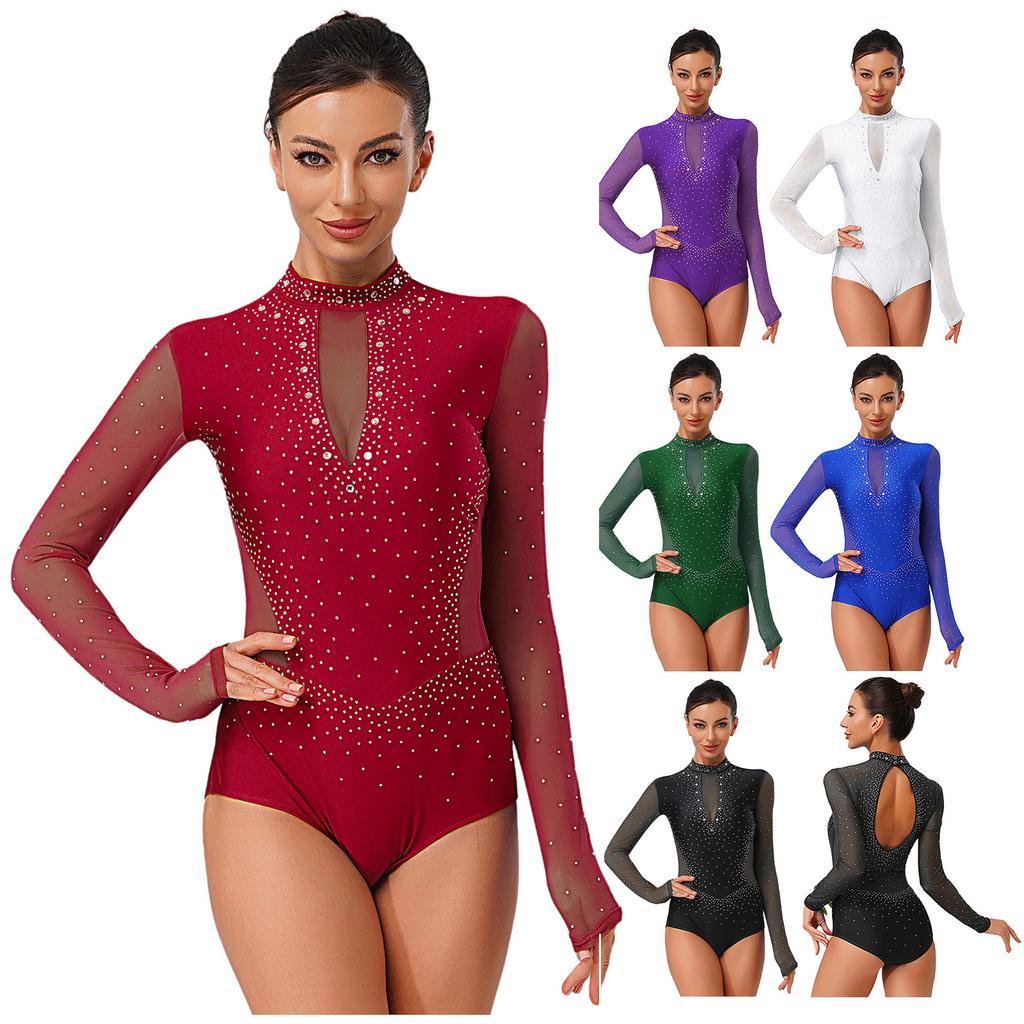 Womens Gymnastics Figure Skating Leotard Long Sleeve Sheer Mesh Sparkle Rhinestone Bodysuit