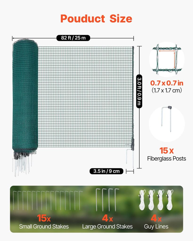 Temporary Fence with Posts, 0.9 x 25m Plastic Mesh Fencing, Garden Safety Fences Netting with Double-Spike Stakes & Guy Ropes, Temporary Fence for