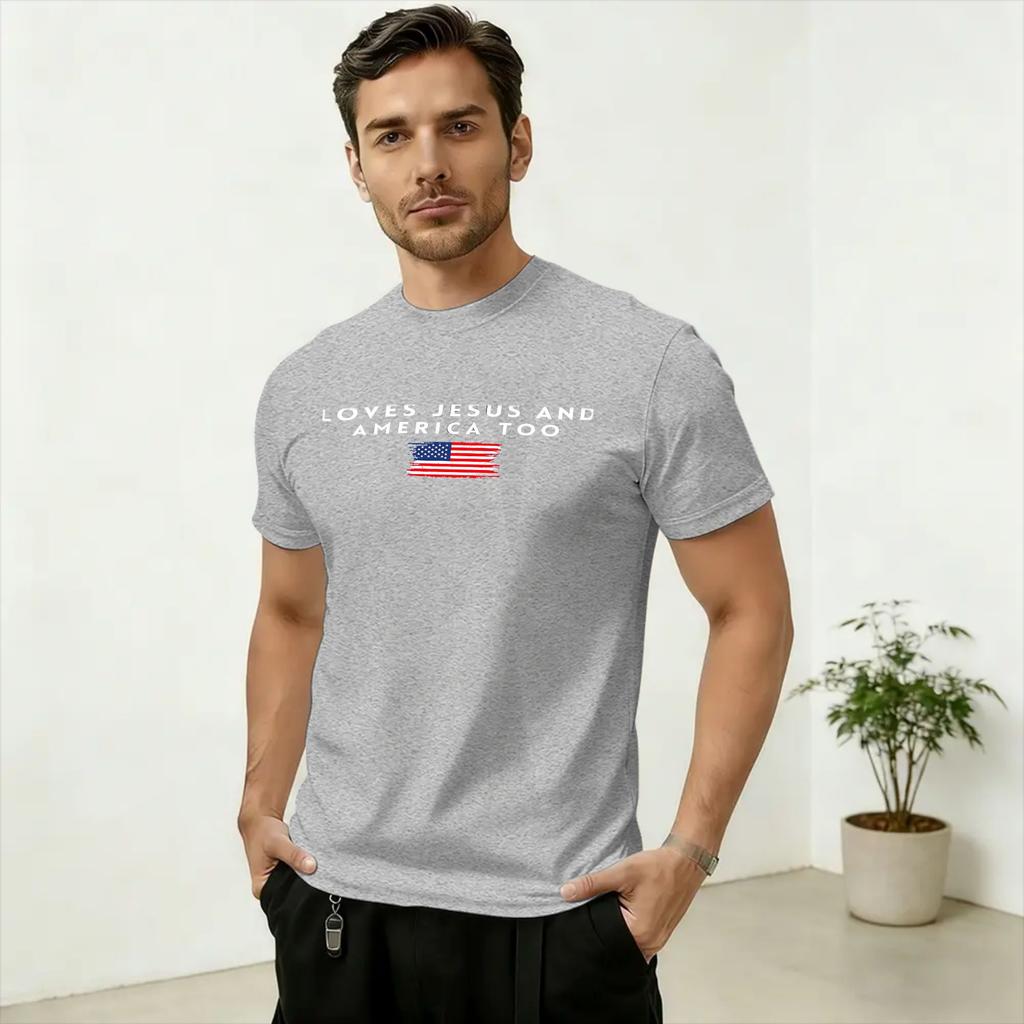 Loves Jesus and America Too 100 Cotton T Shirt For Adult Beach 4th of July Classic TShirts Round Neck Tees Plus Size Clothes