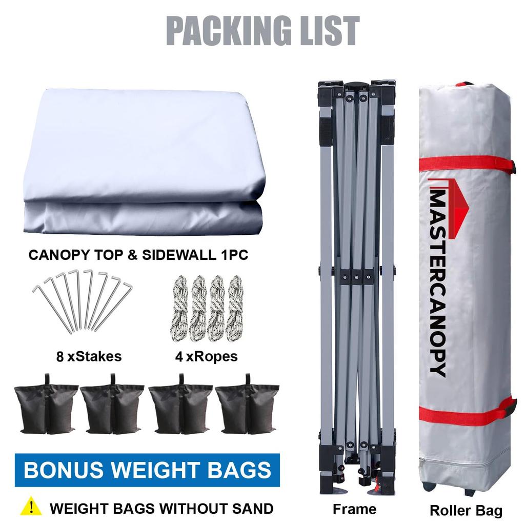 MASTERCANOPY Tarp Set of 1 Side Steel Water UV Outdoor Use Weight Bag One-Touch Tent, Sheet, 2M/2.5M/3M, 3-Level Adjustment, Frame, Wind-Resistant