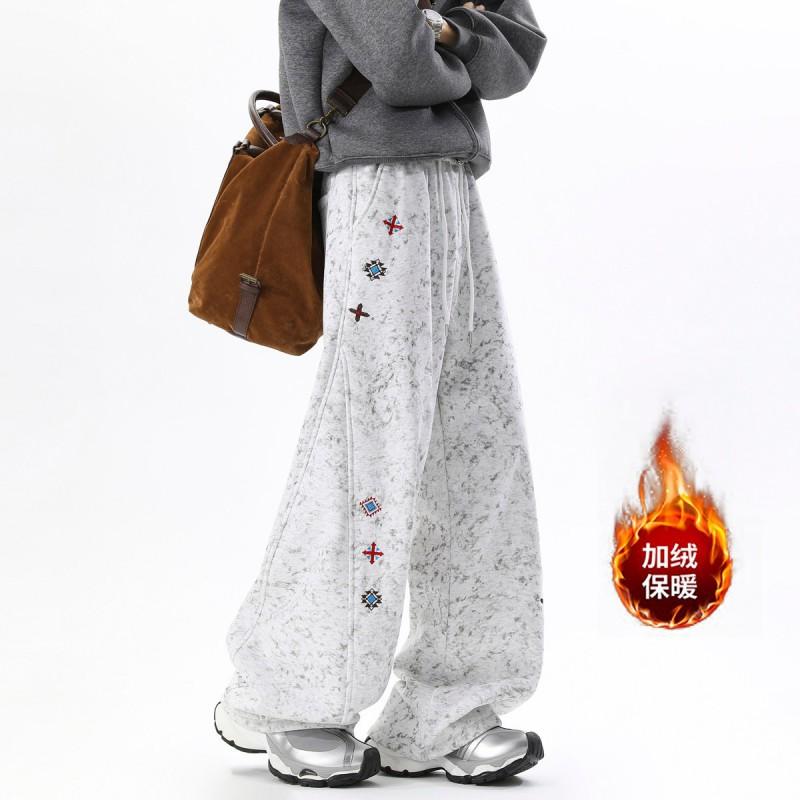 Warm Fleece-Lined Wide Leg Jogger Pants Men Women Winter Casual Loose Fit With Embroidery Tie-Dye Print