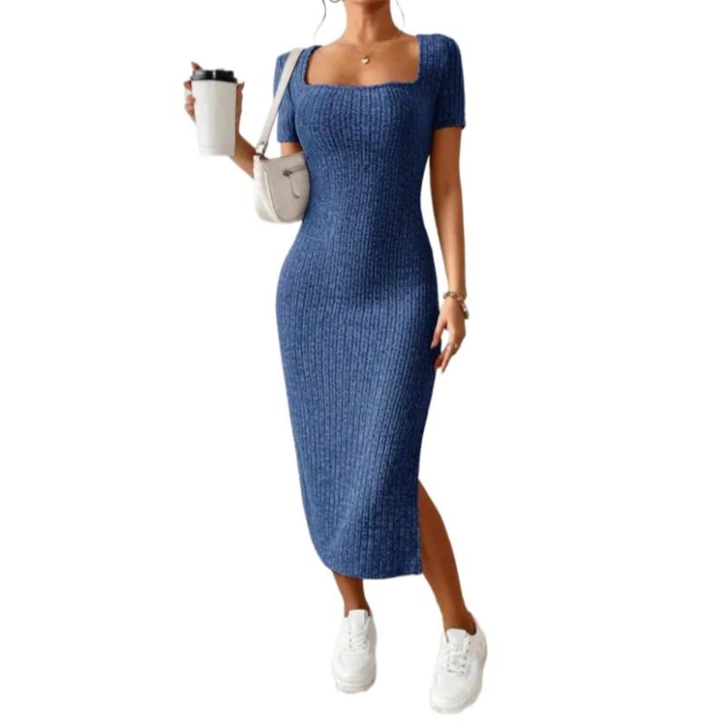 2023 European and American New Independent Station Amazon Hot French Square Collar Side Split Rib Knitted Short-sleeved Dress