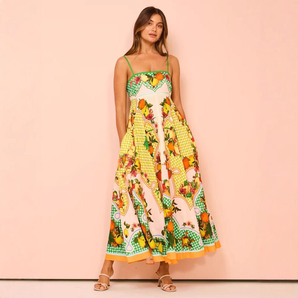 European and American Cross-border 2024 Independent Station  Fashion Printed Backless Spaghetti Strap Sexy Loose Dress for Women