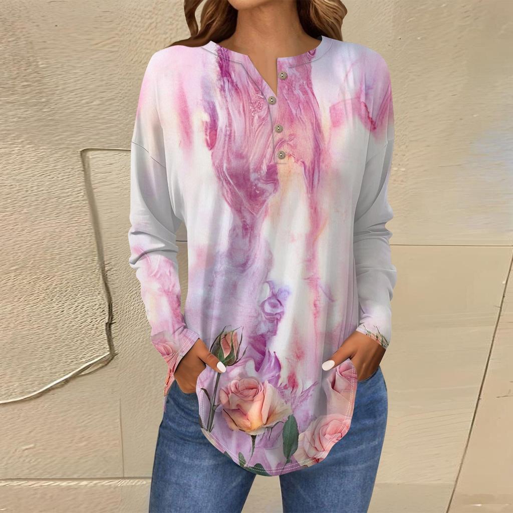 Футболки для женщин, осенние повседневные рубашки с длинным рукавом на пуговицах, толстовка с винтажным принтом, топ, пуловер