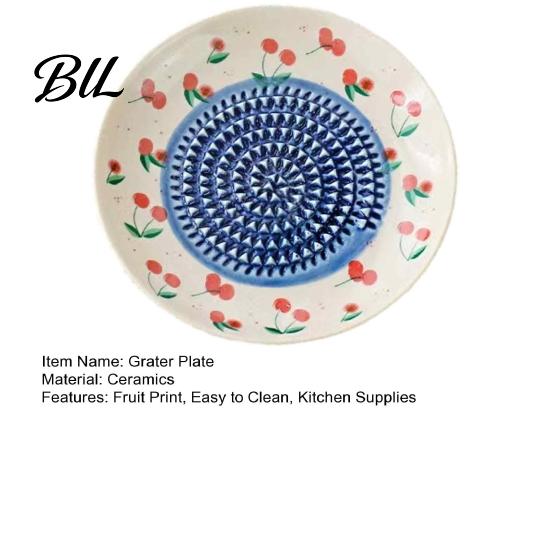 Manual Kitchen Grinding Tool Ceramic Garlic Grater Plate, Fruit Print Ginger Cheese Grinder, Mincer Multi-function Dish for Onion, Lemon, Vegetables,