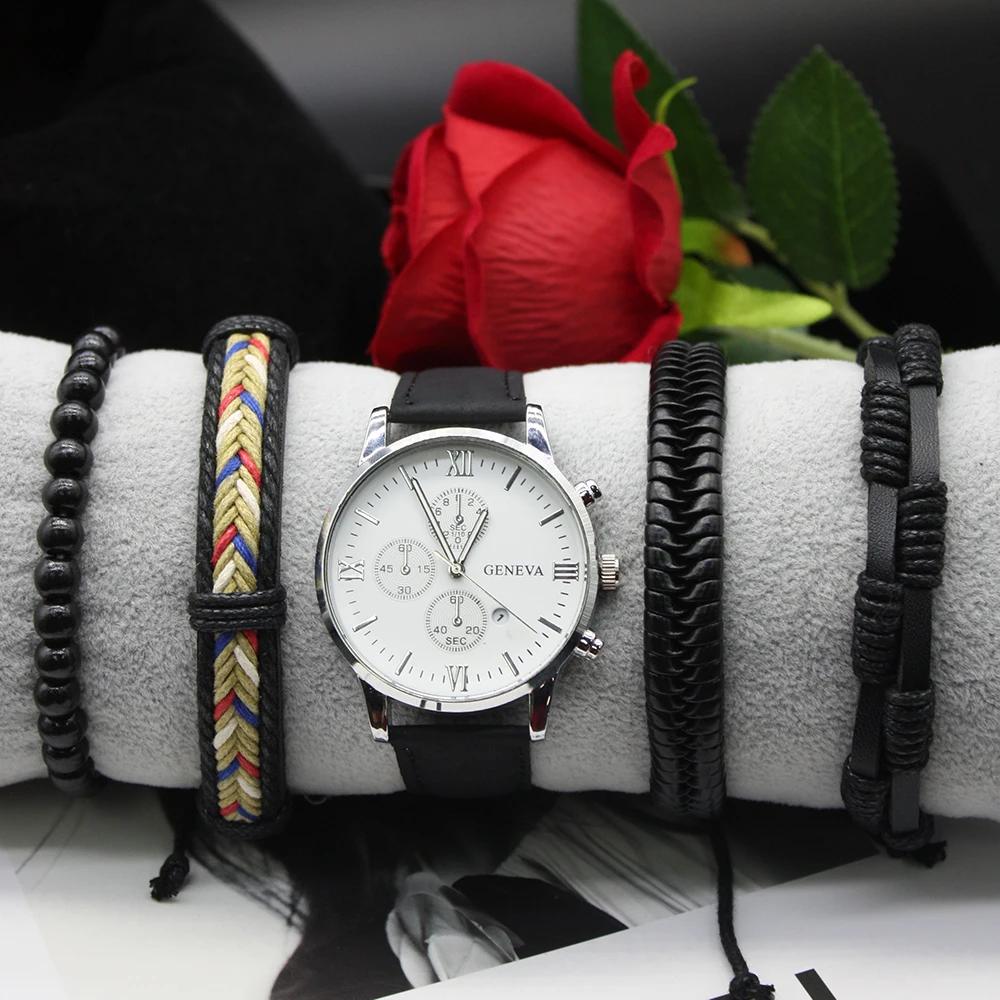 5 шт. кварцевые часы для бизнеса кожаный ремешок для часов круглый циферблат мужские роскошные кварцевые часы включают в себя браслет коробка для деловой активности