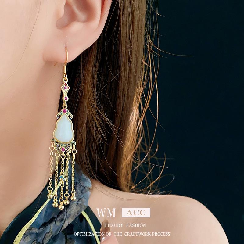 Оригинальные серьги-кисточки в виде тыквы с бриллиантами с золотым покрытием - Новый китайский стиль, элегантные и роскошные