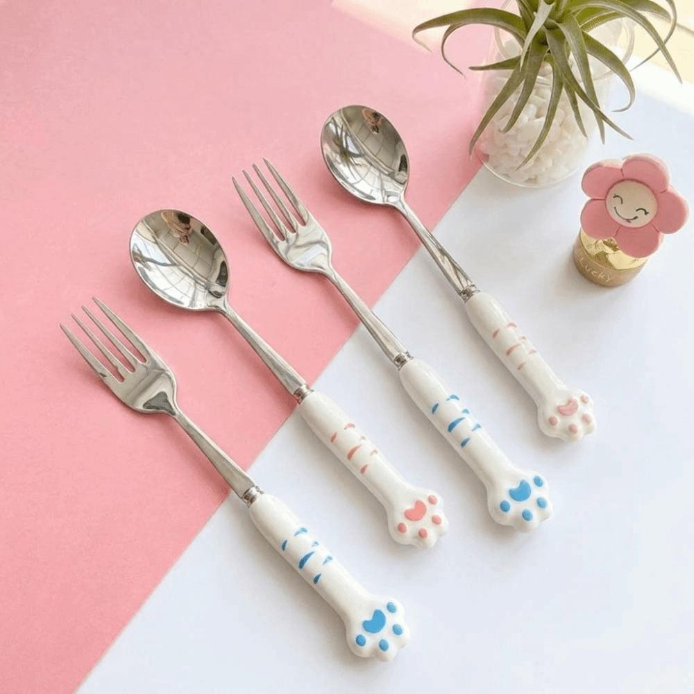 Cute Cat Paw Cutlery Set Reusable Fork Spoon Set Meal Accessories Boxed Tableware Outdoor Camping