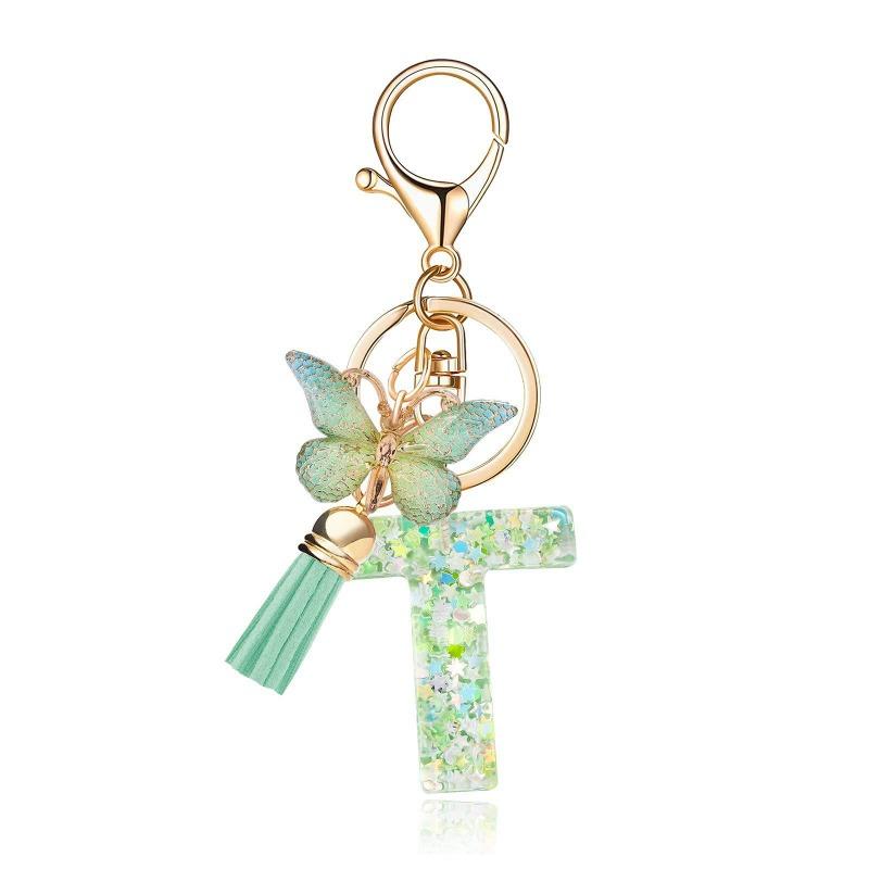 A-Z Dreamy Letters Keychain for Women Tassels Butterfly Pendant Initial Keyrings Purse Suspension Bags Car Key Chain Pink