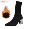Fashion Aphixta Metal Color 7cm Square Heels Socks Boots Women Big Size 43 Stretch Fabric Elastic Pointed Toe Shoes Ankle Boot Woman