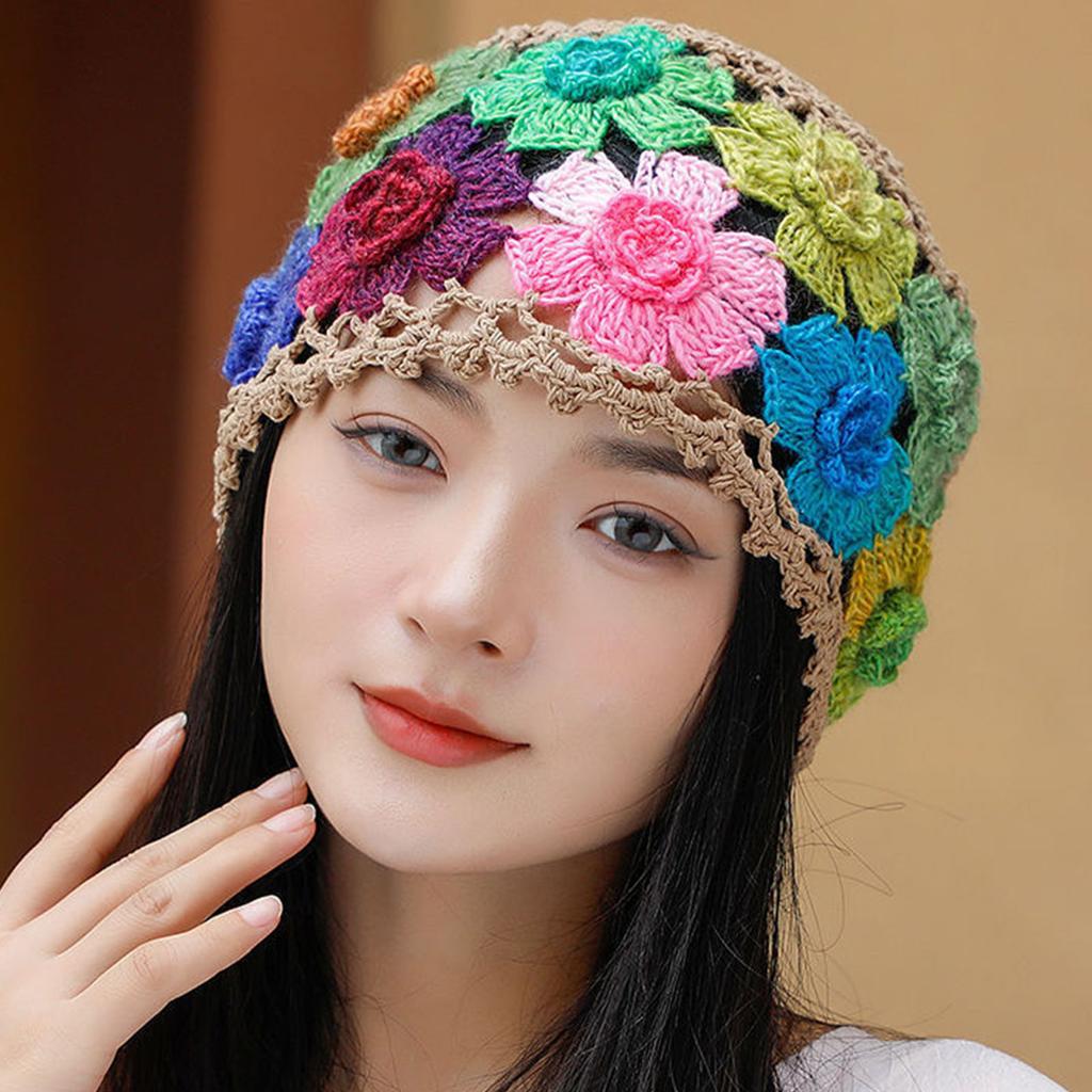 Cotton Crochet Beanie Hat With HollowOut Flower Design Summer Vacation Casual Skull Cap For Women Everyday Wear