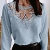 Женский топ с круглым вырезом, ажурная кружевная лоскутная рубашка с длинными рукавами, однотонный пуловер, мягкая женская футболка, блузка