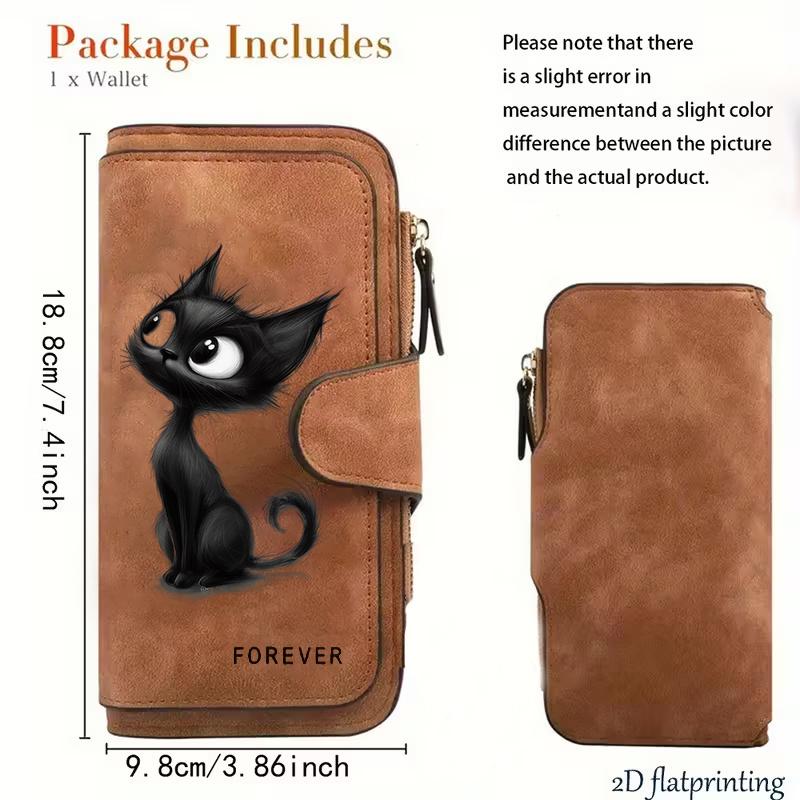 Women's Long Wallet Black Cat Design 3-Fold Card Holder with Multiple Pockets Printed Zipper Coin Purse for Cash ID Credit Cards Gift for Family