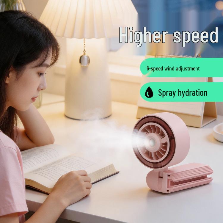 Cartoon Portable 6-Speed USB Rechargeable Handheld Folding Fan with Clip and Ultra-Fast Spray