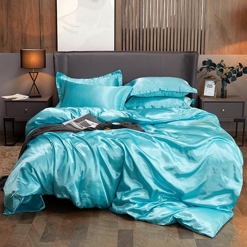 Solid Color Simulation Silk Bedding Bed Sheet Quilt Cover Pillowcase 4-piece Set