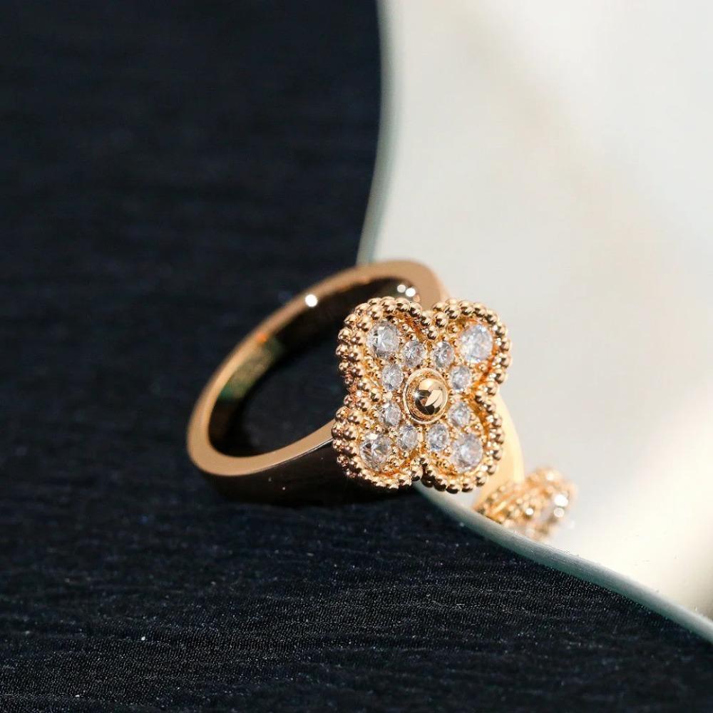 Women Jewelry Set Mini Clover Bracelet Full Diamond Earrings Champagne Gold Necklace Ring