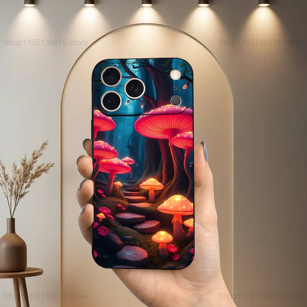 Trippy Plant Mushroom Case For iPhone 12,14,15,16,17,13,11,X,Mini,Plus,Pro Max,8,7,XR,SE,XS,Soft Silicone Black