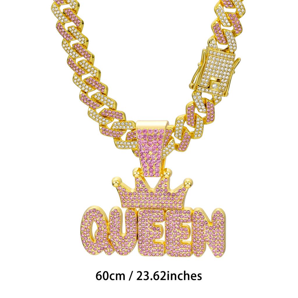 Women's Pink Diamond Crown, QUEEN Letter Pendant, Diamond Cuban Necklace Long Hip Hop Female Accessory