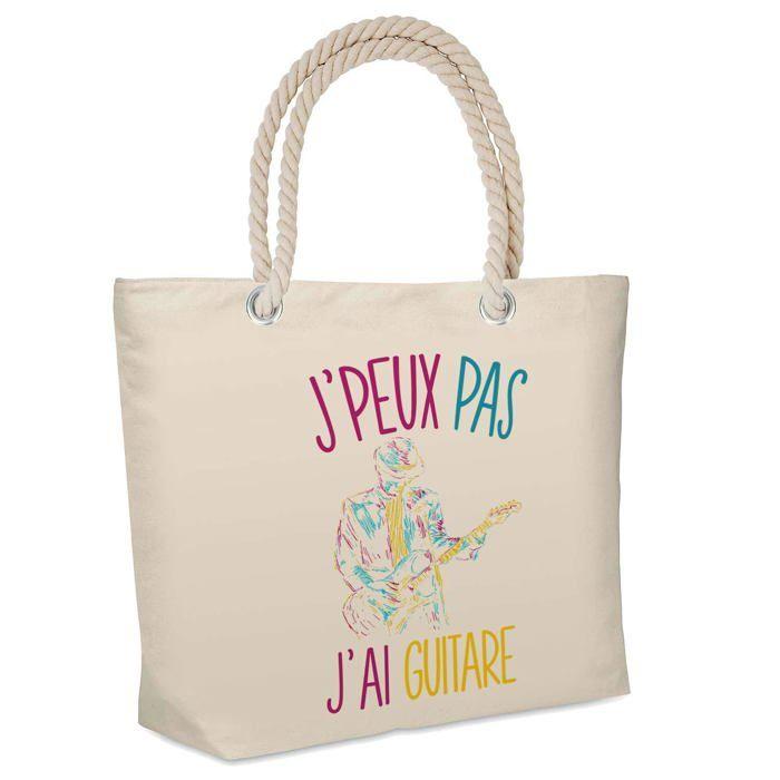 Sac de plage - PLANETEE - Isotherme de plage "Guitariste Homme J'peux pas" - Coton - Beige - Grande contenance