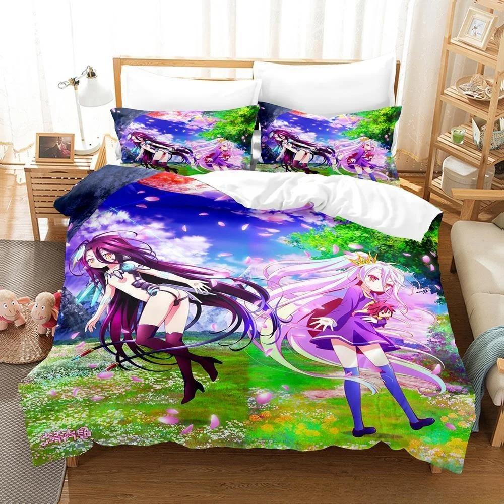 New 3D Printing Kawaii Girls Bedding No Game No Life Bedding Set Cartoon Anime Three-piece Set Adult Kid Bedroom Duvet Cover Set