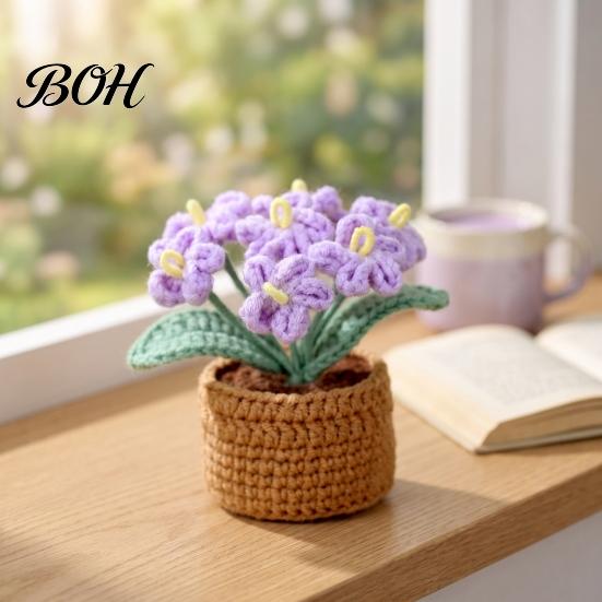 Small Space Decoration Accessories Crocheted Flower Potted Plant, Artificial Yarn Ornament, Vibrant Multi-color No Maintenance Fake Flowers