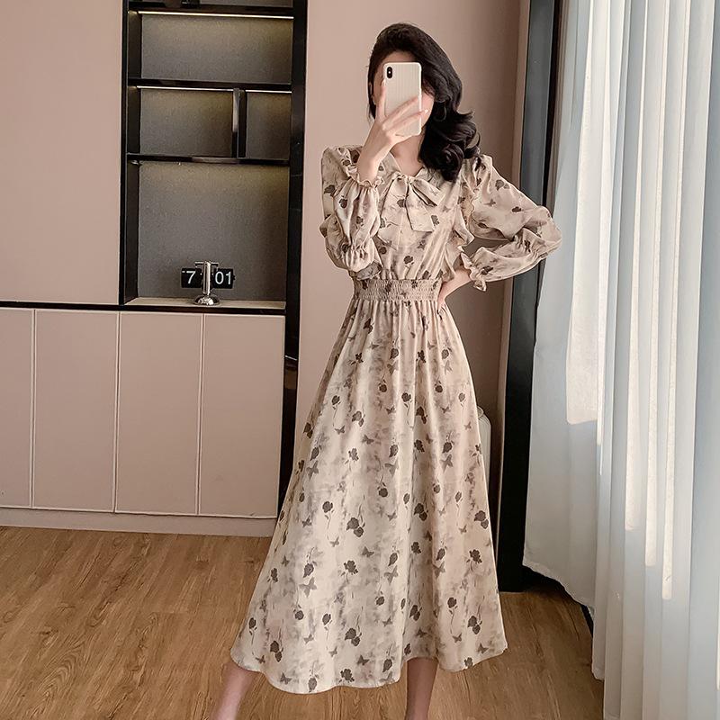 Корейское шифоновое платье с оборками и принтом и рукавами-буфами