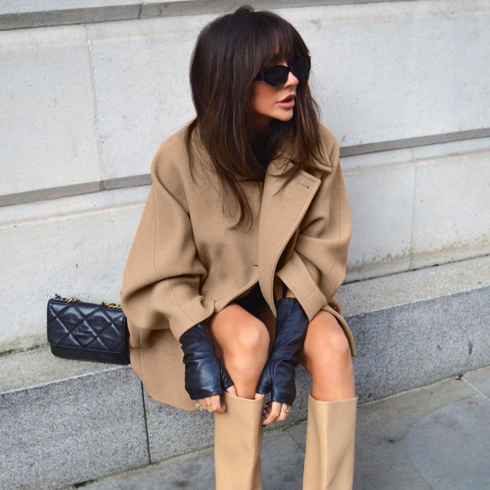 VAYLA Новая верхняя одежда Тренч для женщин Рукав «летучая мышь» Длинное пальто Зимнее Шерстяное пальто Тренч Коричневый Лацкан Средней длины Куртки