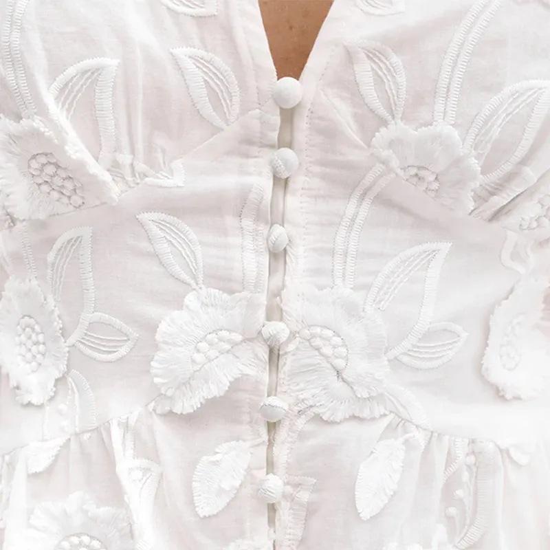 Белое печатное однобортное платье с разрезом для женщин, модные платья с V-образным вырезом и коротким рукавом, летние женские платья для отдыха на пляже