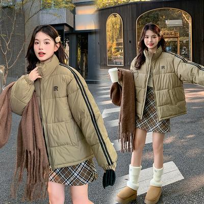 Американская ретро хлопковая куртка с тремя полосками школьница зима 2025ins свободная утолщенная теплая полосатый костюм-хлеб