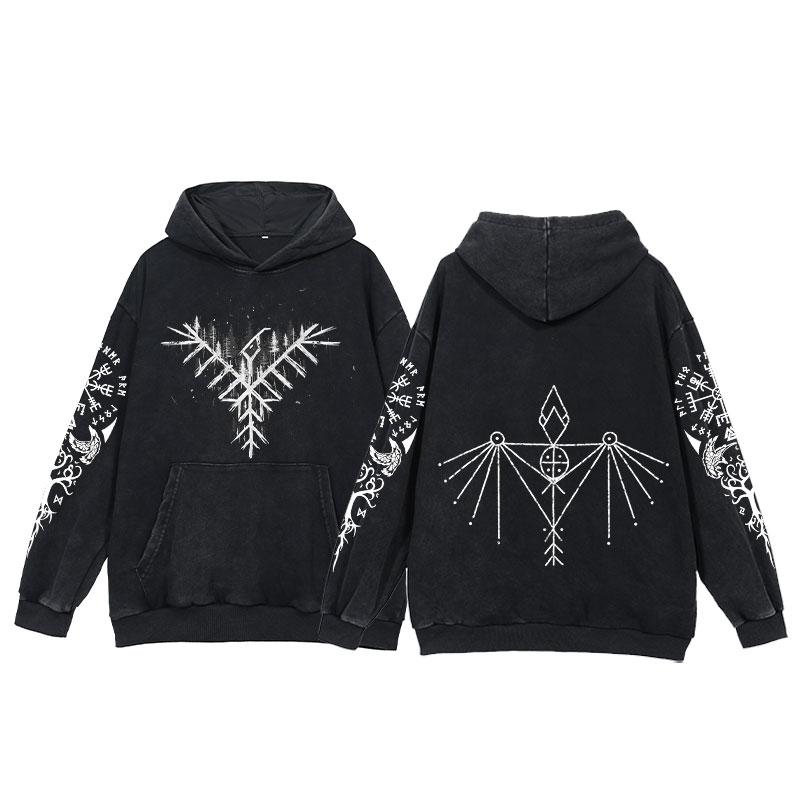 2024 Viking Hoodies Men Tattoo Print Acid Wash Hoodie Cotton Loose Long Sleeve Pullover Vintage Oversized Casual Hooded Sweatshi
