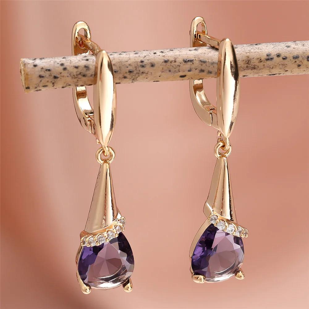 1 Pair Gold Color Long Drop Earrings for Women Elegant Purple Zircon Water Drop Dangle Earrings Fine Jewelry Crystal Gift