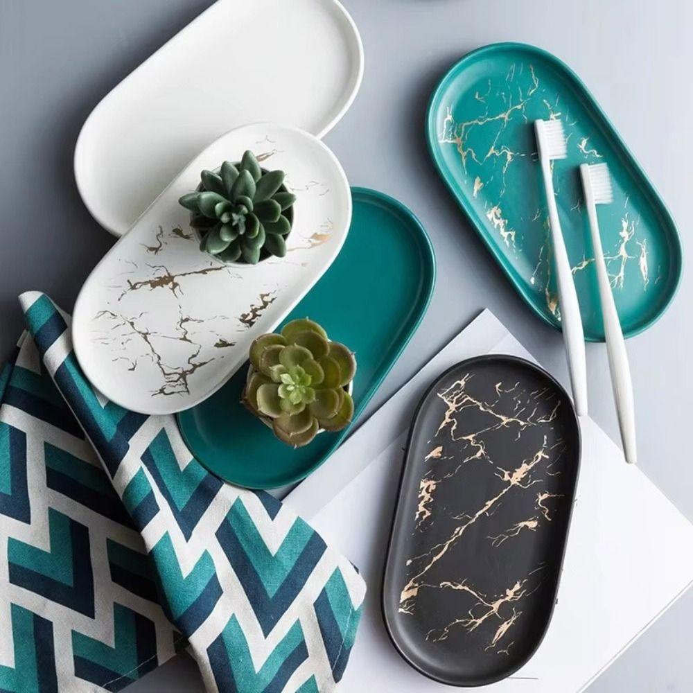 Glazed Golden Pattern Nordic Marble Tray Porcelain Material Western Dish  Jewelry Display