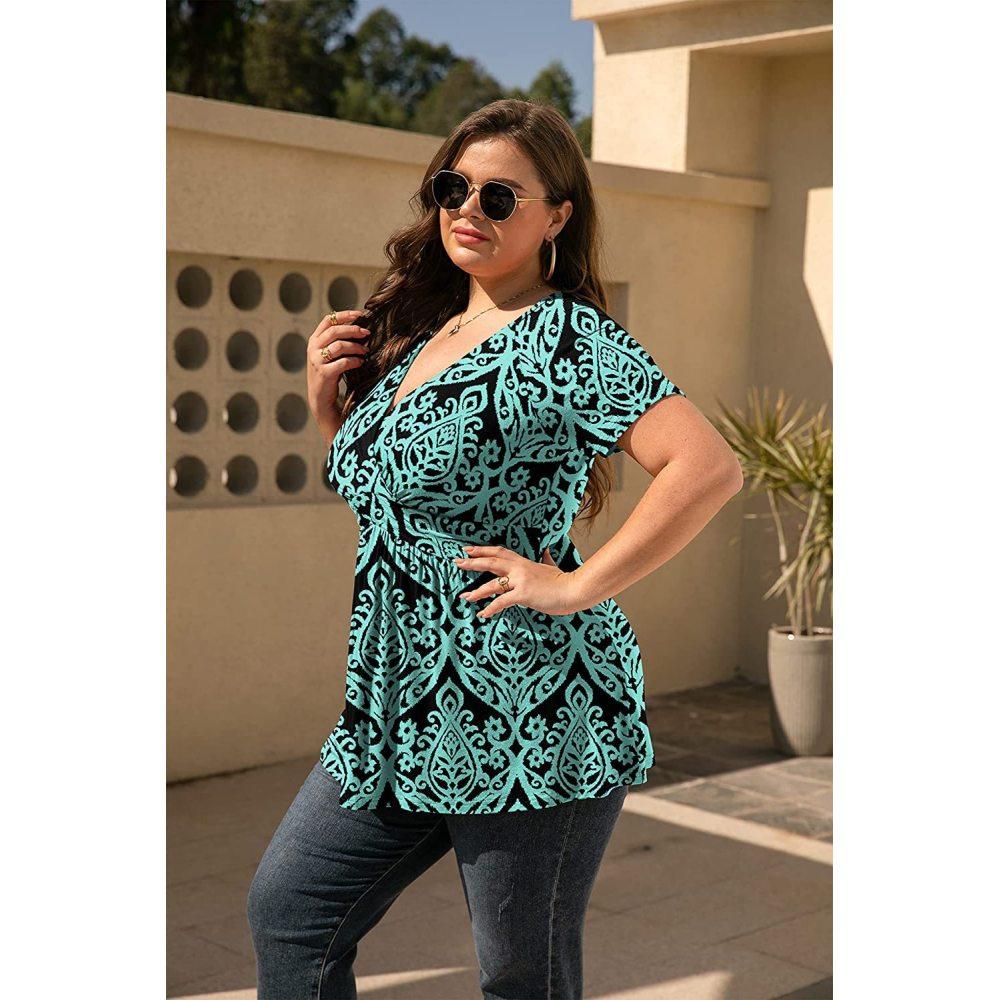 Plus Size Women's Spring and Summer V-neck Printed Short-sleeved T-shirt