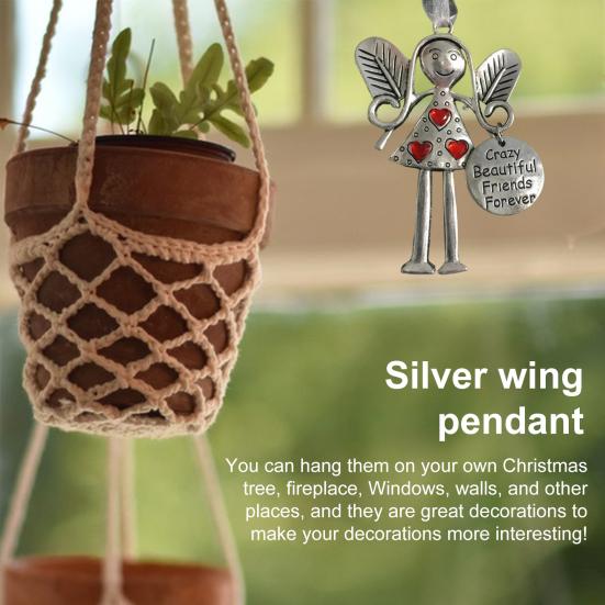 Angle Girl Hanging Decoration Iron Art Silver Color Wing Love Heart Rhinestone Carved Words Friendship Ornament Pendant Birthday Festival Gift