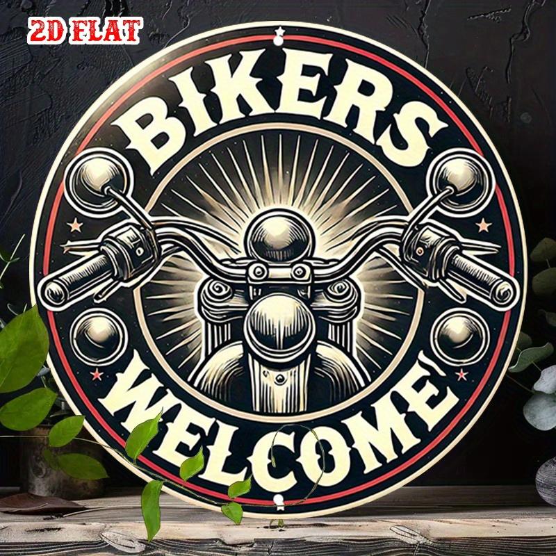 D Flat pc Bikers Welcome Round Aluminum Sign Vintage Design Metal Tin Sign Classic Motorcycle Rustic Metal Wall Art