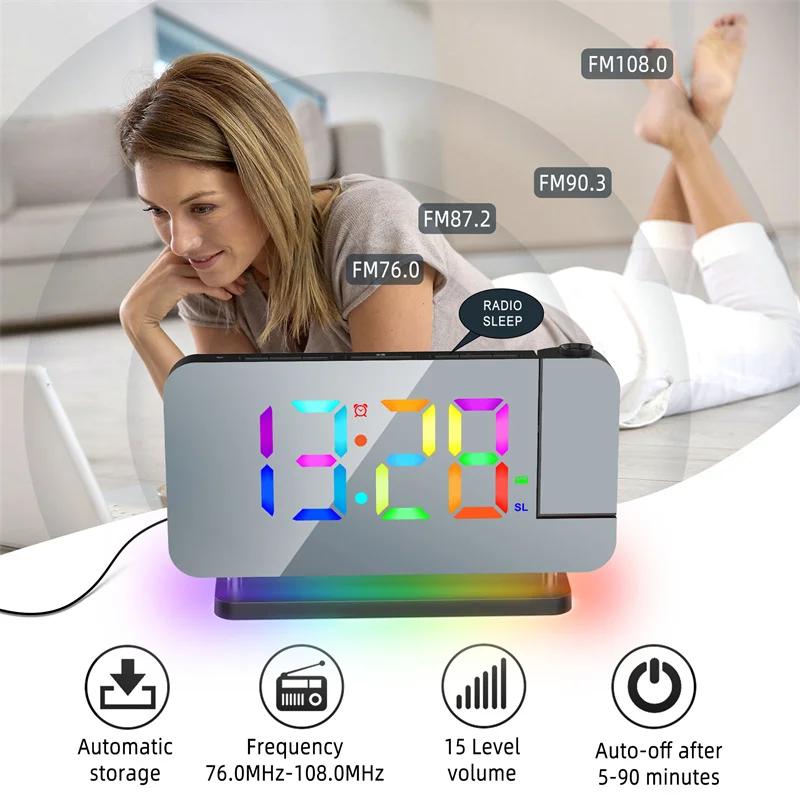 Проекционные часы с будильником 180° и RGB-подсветкой, FM-радио, 6 уровней громкости, Настольные часы, 12/24-часовой формат, 2 USB-порта, Цифровой LED-часы