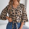 Fashion Long Sleeve Leopard Print Blouse Women Loose Elegant Casual Shirts for Women Vintage V Neck Lace Up Office Lady Tops 24118
