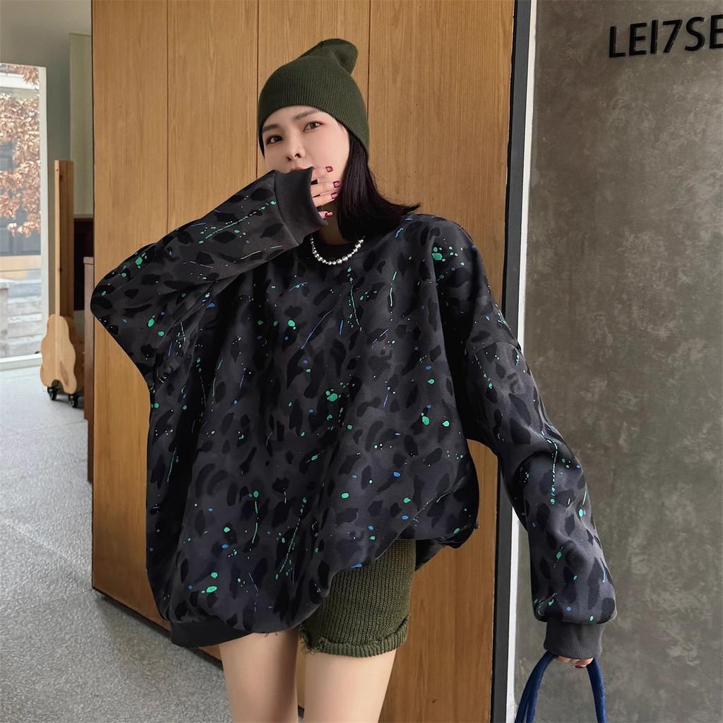 Plus Size Women's New Leopard Print Plus Fleece Thick Long-sleeved Mid Long Hoodie