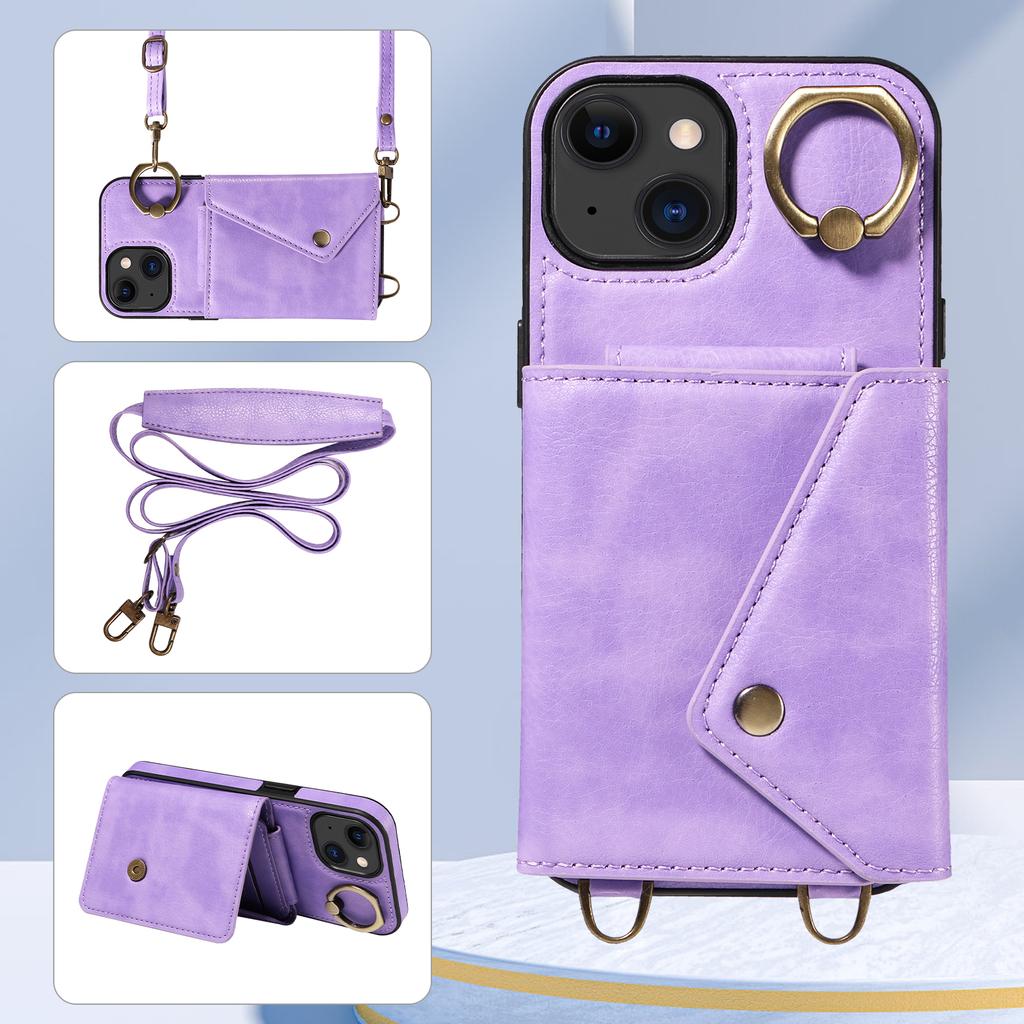 Для iPhone 15 серии. Для iPhone 15, 15 Plus, 15 Pro, 15 Pro Max плечевой ремень веревка кольцо кронштейн дизайн держатель для карт слоты личи узор чехол для телефона