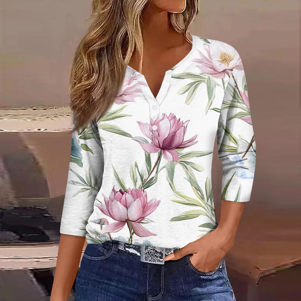 Женская модная повседневная футболка с коротким рукавом и V-образным вырезом, декоративными пуговицами и рукавом три четверти