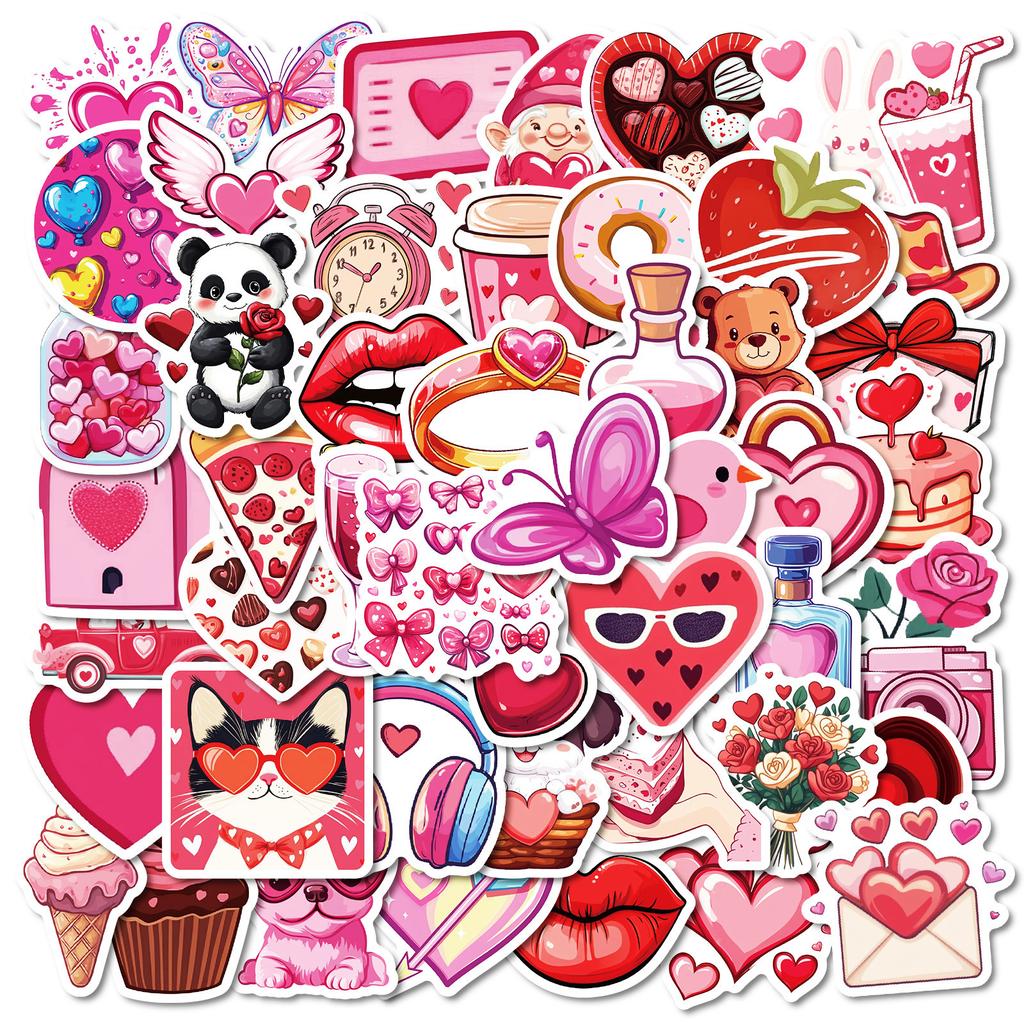 50 Sweet Valentine's Day Theme Pp Waterproof Decorative Stickers Cute Love Rabbit Chocolate Not Repeat Stickers