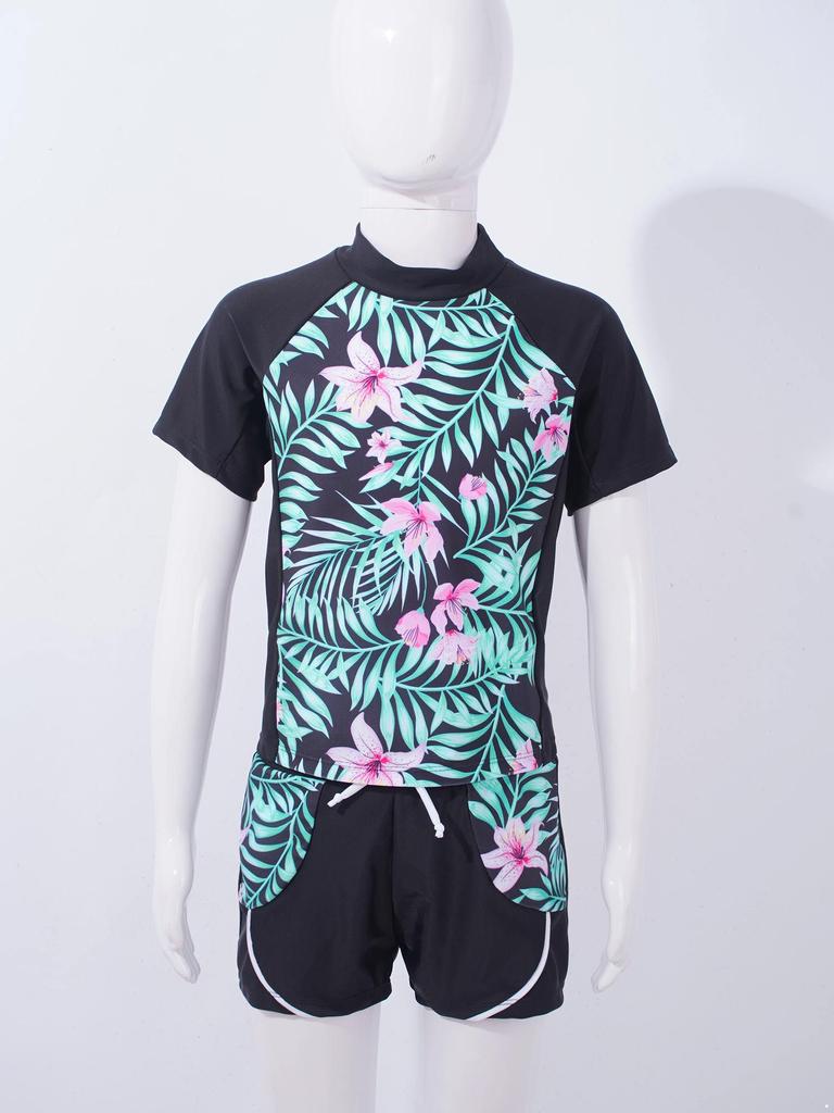 Kids Girls Rash Guard Flower Printed Tankini Set T-Shirt with Swim Short Pants Swimsuit Bathing Suit