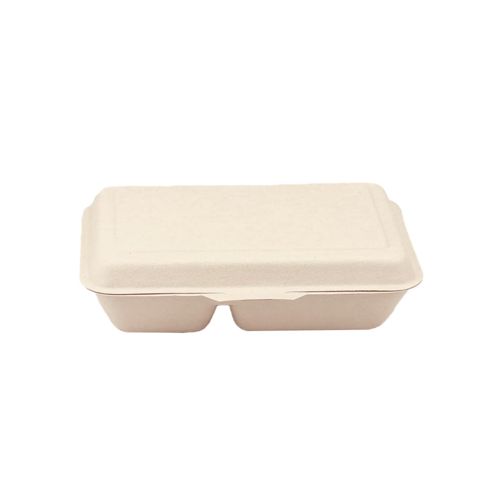 ECO&BASIC Disposable Lunch Box with Laminated Dividers, 1000ml, 50 Dividers Per Box, Microwaveable, Takeout, Made with Unbleached Bagasse, Rice