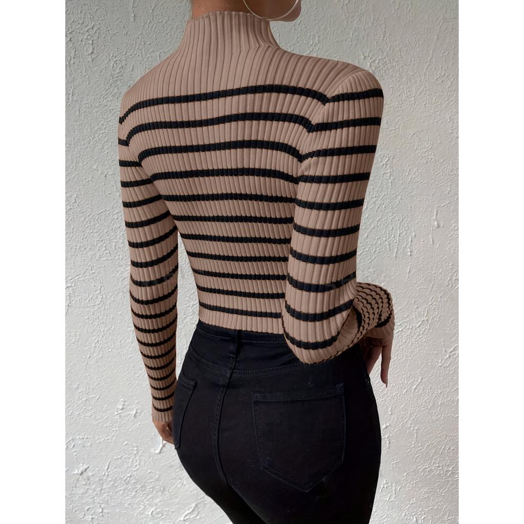 Узкий свитер с воротником-стойкой в полоску, стильный свитер с длинными рукавами и резинкой для осени и зимы, женская одежда