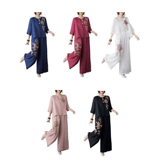 Женские костюмы-двойки с рукавом 3/4, винтажные вышитые рубашки, комплект брюк с широкими штанинами, летний повседневный комплект из хлопка и льна