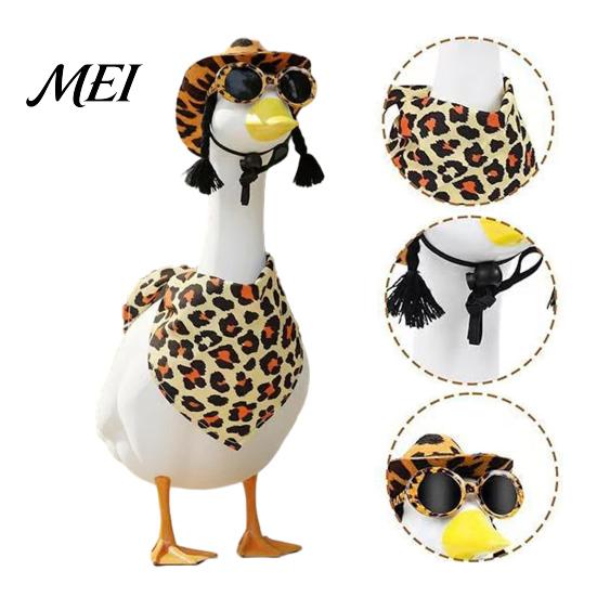 Elastic Strap Decorative Gear Porch Goose Costume Accessory Set, Leopard Cow Print Bandana Hat Sunglasses Outfit, Western Funny Miniature Photo Shoot