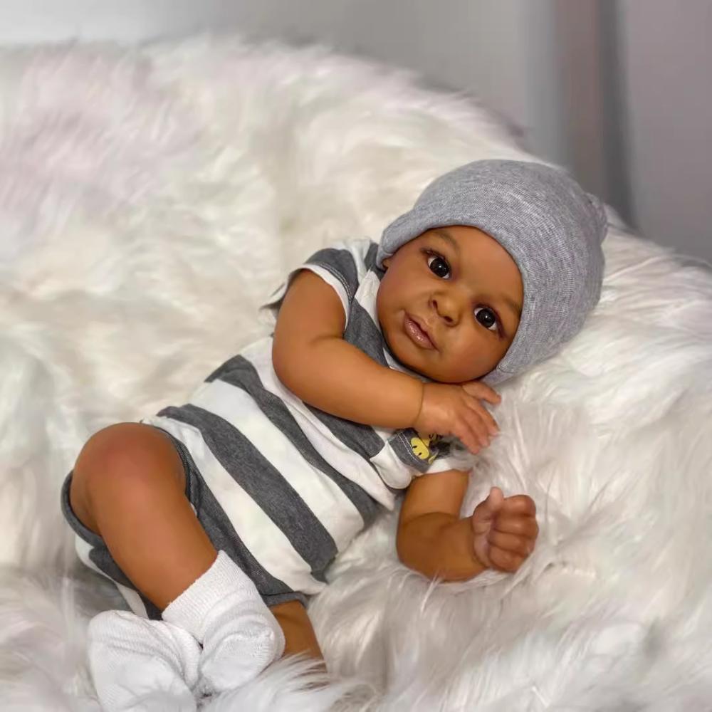 Cute 23 Inch Dark Skin Reborn Doll Jaylan Soft Touch Cloth Body Rebirth Baby Doll Hand-draw Hair Simulation Dolls for Kids Play House Toy Holiday Gift