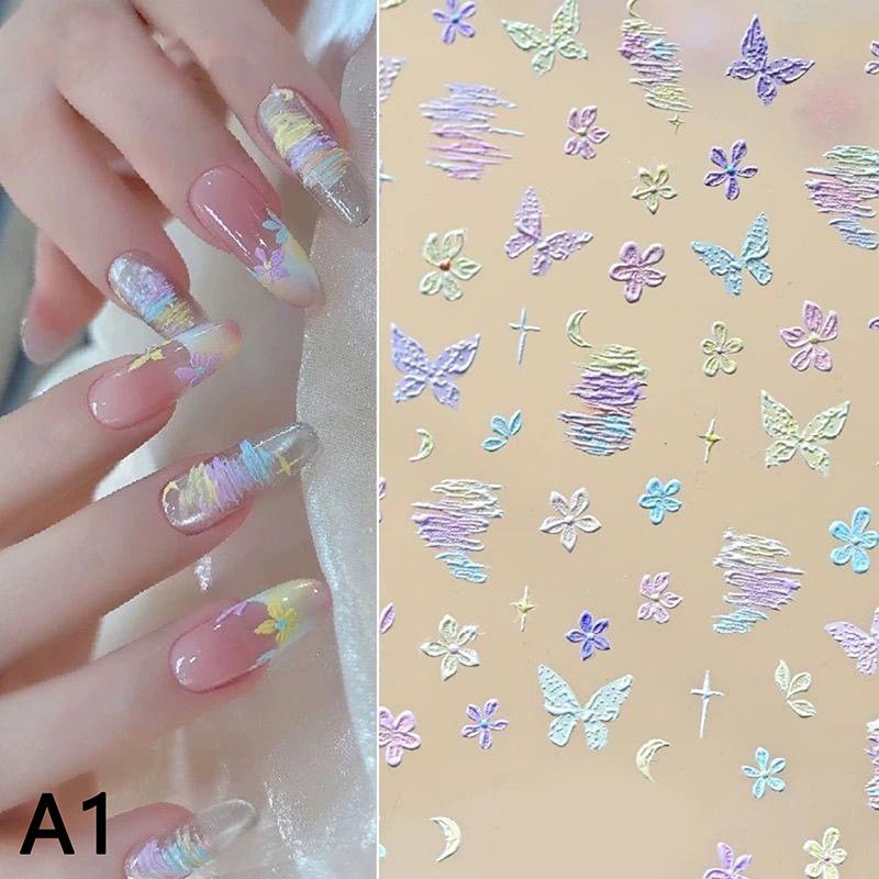 Acrylic Self-Adhesive Nail Art Decals for Decor 5D Embossed Nail Stickers Colorful Floral Petal & Butterfly Design