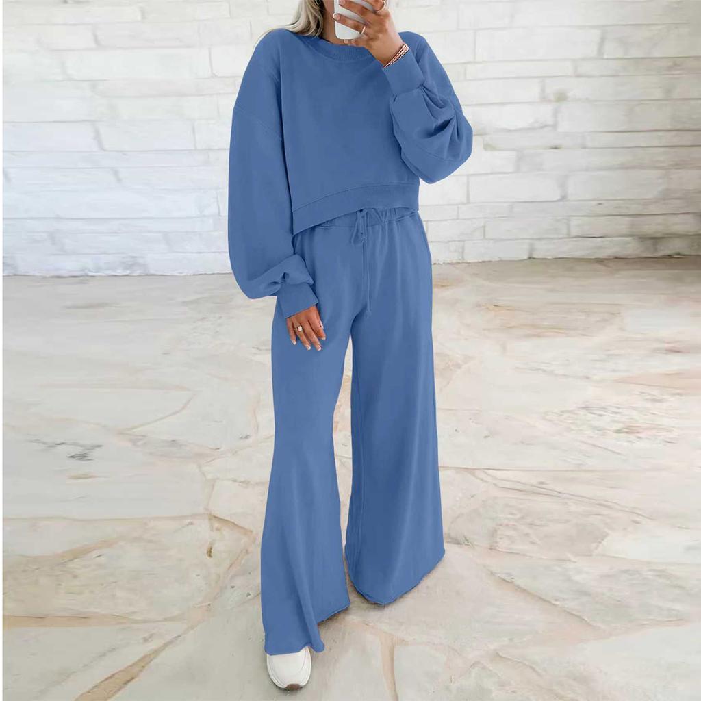 Женский модный топ с круглым вырезом, однотонный, с длинным рукавом, эластичной талией и прямыми брюками, повседневный комплект